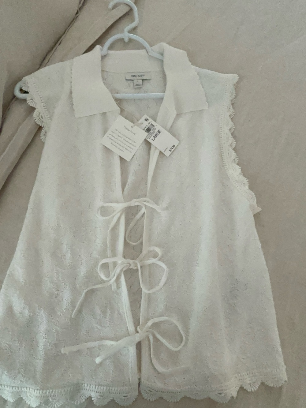 White Vintage Lace Vest - V-Neck Front Tri-tie cotton top